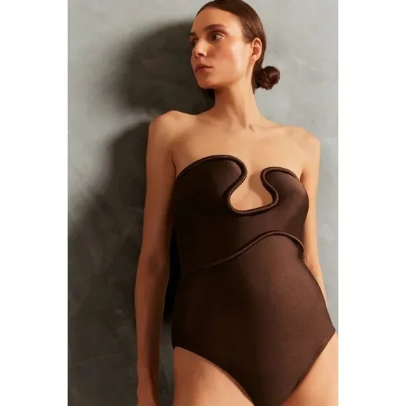 ADRIANA DEGREAS Waves Strapless One Piece Swimsuit in Coffee Medium New Womens